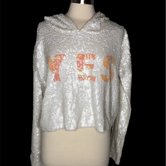 WILDFOX White Label Celebration Billie “YES” Sequin Pullover in White XS - Picture 1 of 10